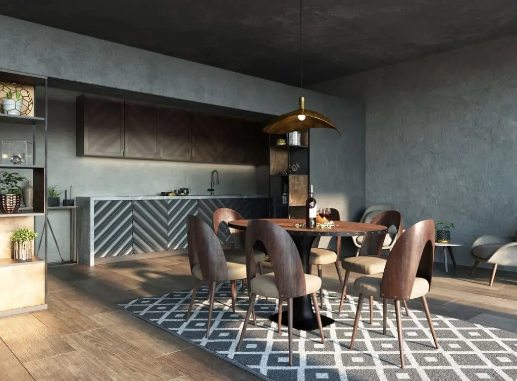 Dark industrial kitchen design with brown wood furniture and a patterned rug