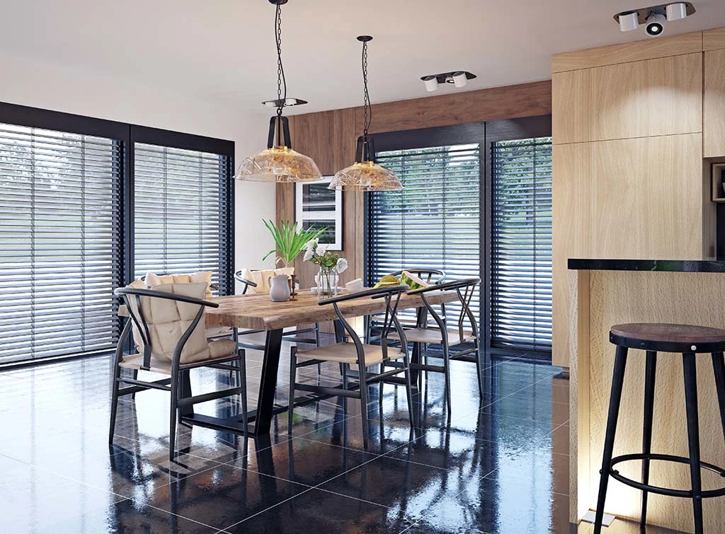 use dark colour patio blinds in the kitchen
