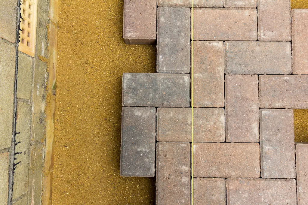 Block paving and sharp sand with a string line viewed from above