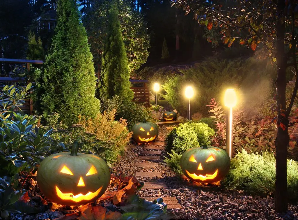 Halloween landscaping for a spooky home. Pumpkins, solar lights, and topiary trees all line a mulch garden path