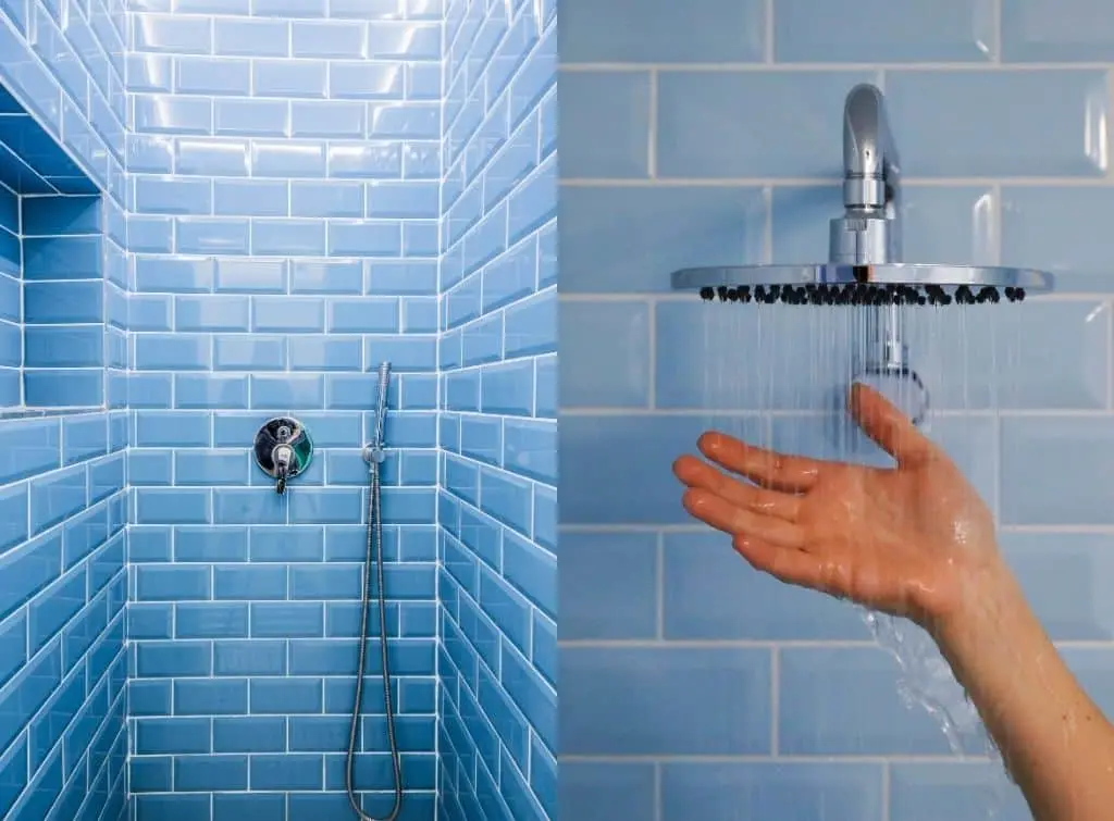 Blue subway tiles for a simple but trendy aesthetic in your wet room