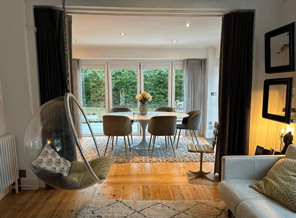 A hanging chair in a modern living room