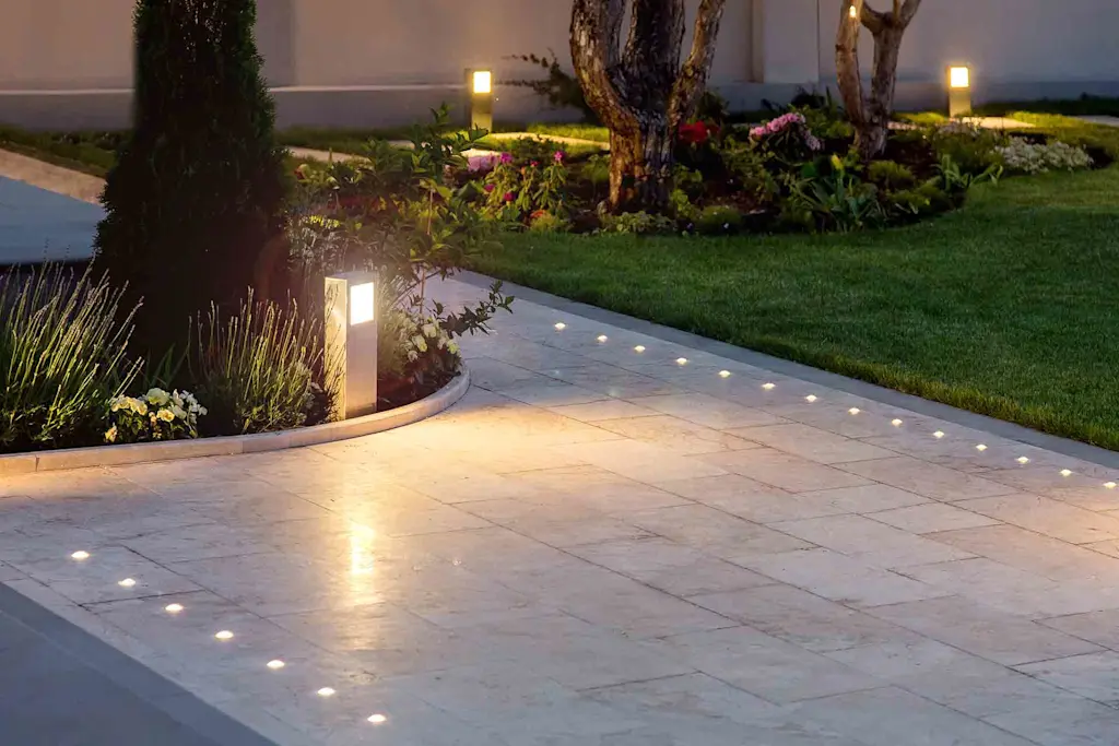 Exterior lights on a driveway