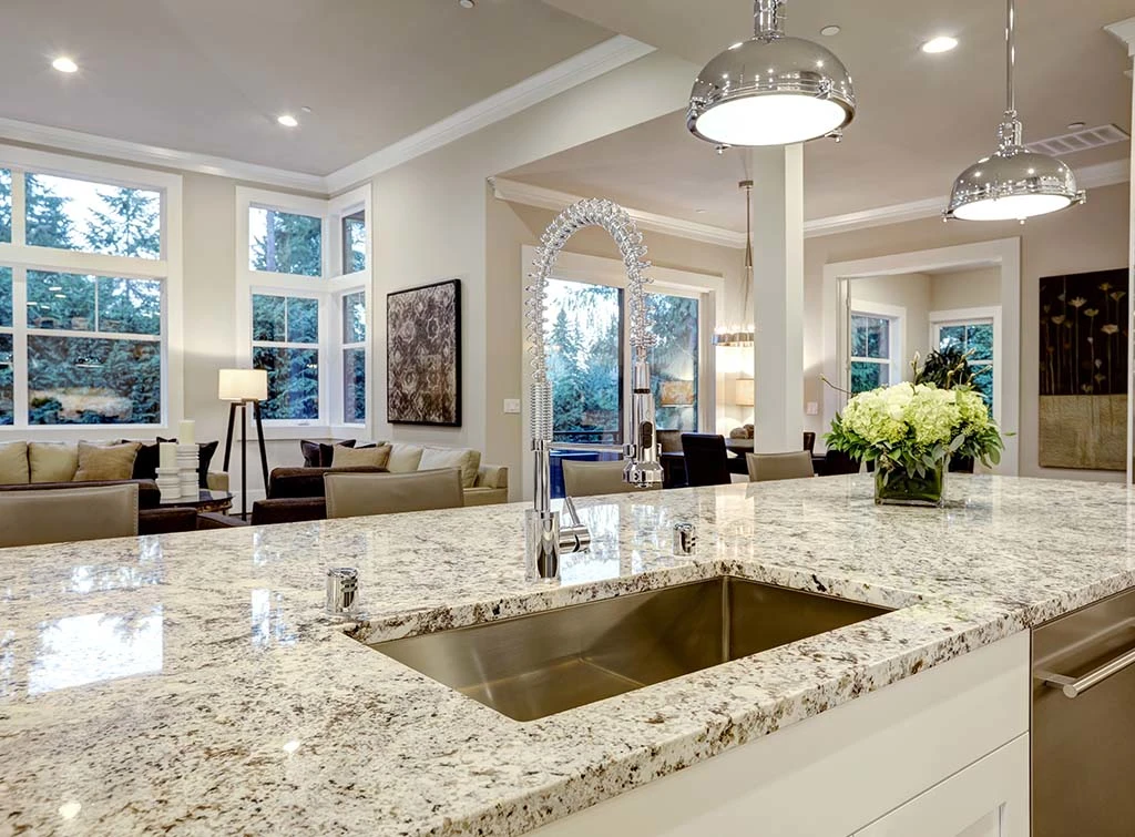 Light coloured granite worktop in a kitchen