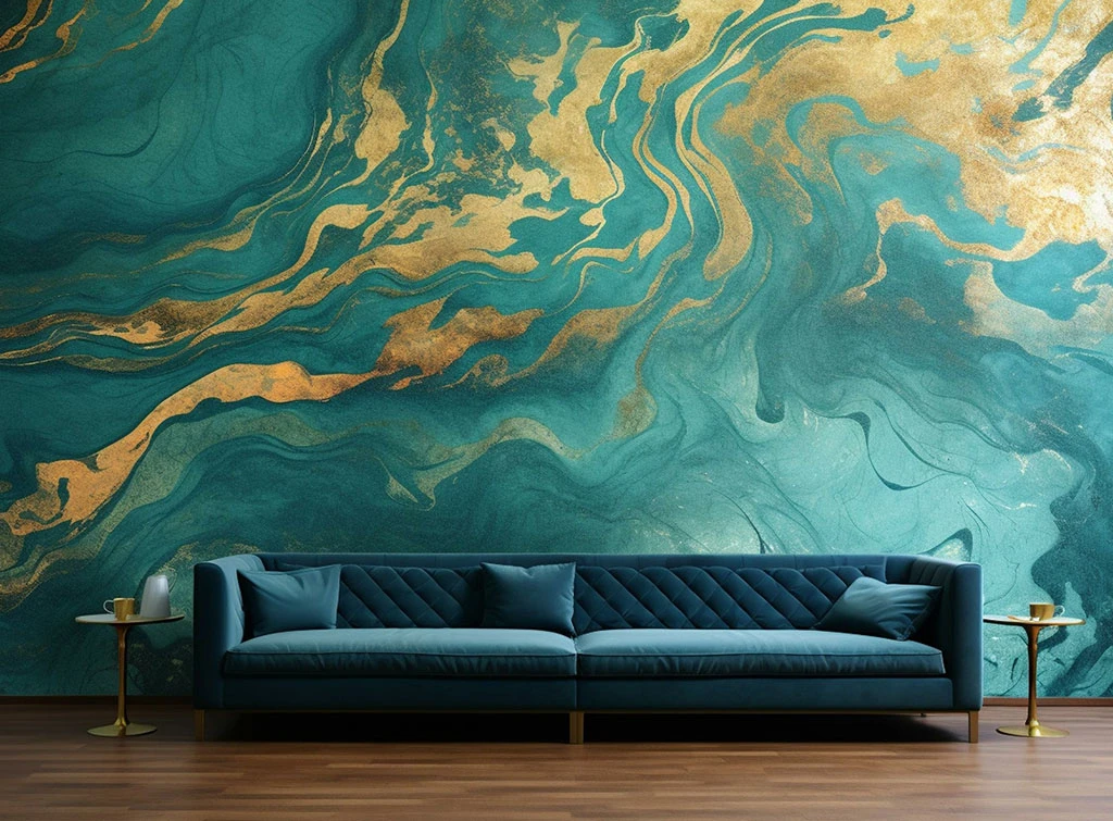 Teal wallpaper living room idea