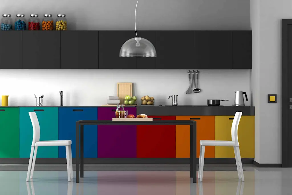Colourful spray painted kitchen cabinets
