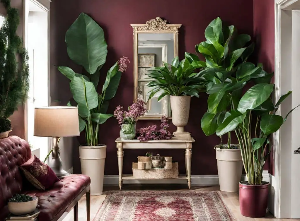 Hallway design concept using green and burgundy accents