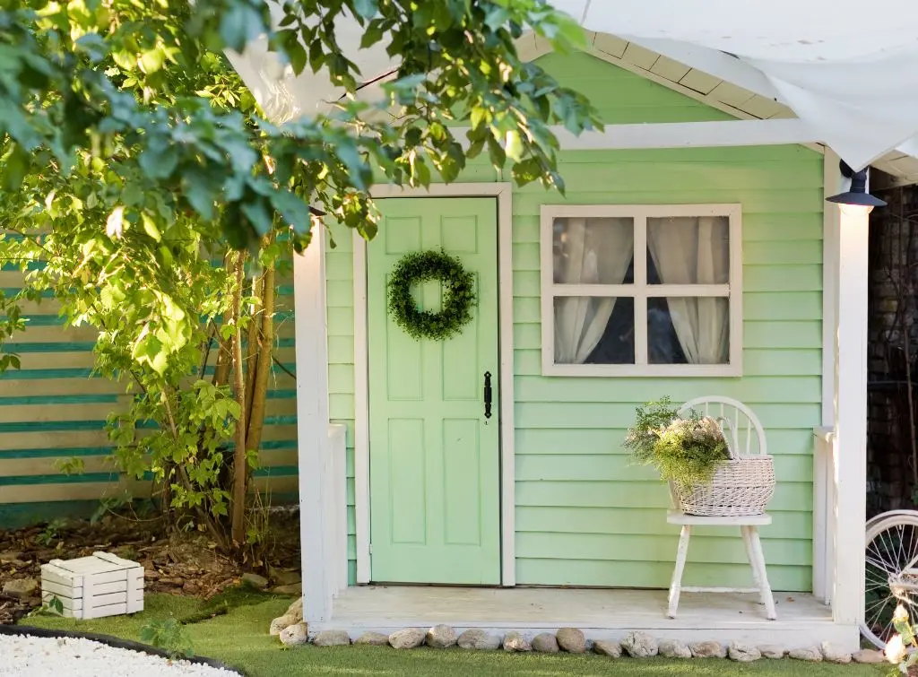 Mint green coloured garden summerhouse