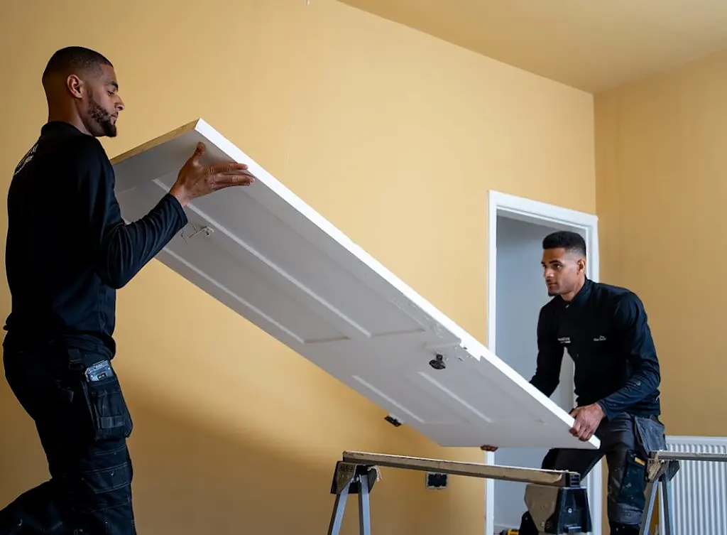 Door fitters installing an internal door