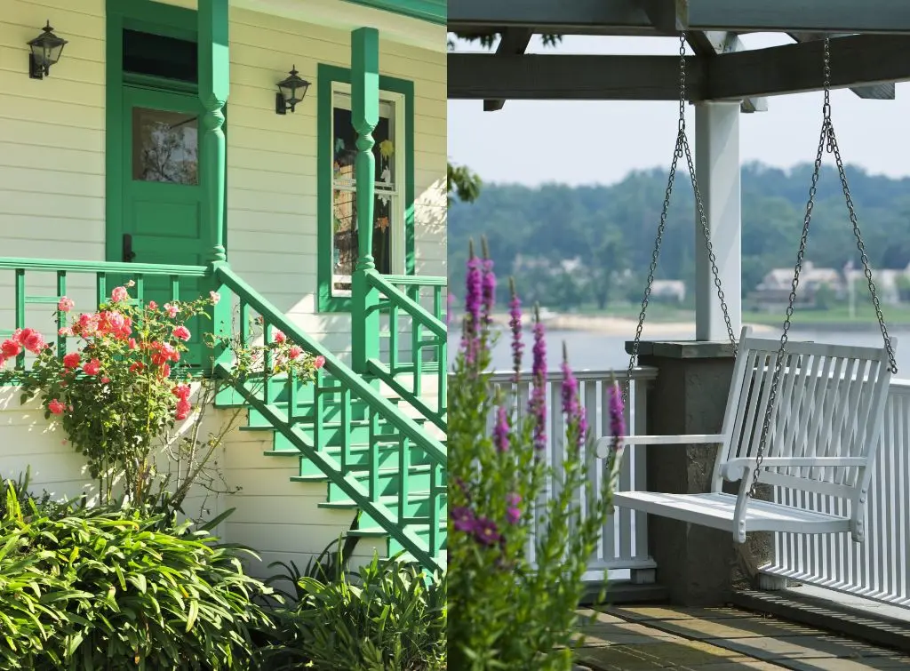 porch banister ideas - one green painted and one with a chair swing and flowers