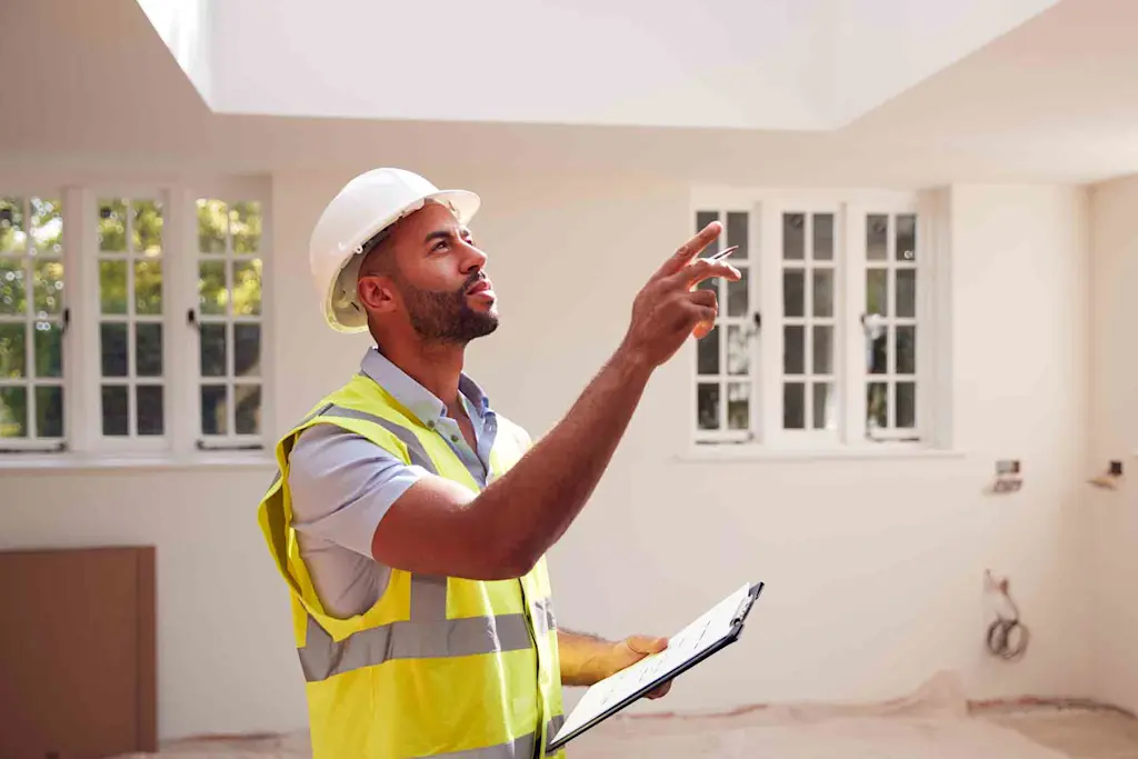 Home surveyor looking around a house for Rebuild cost vs market value Checkatrade blog