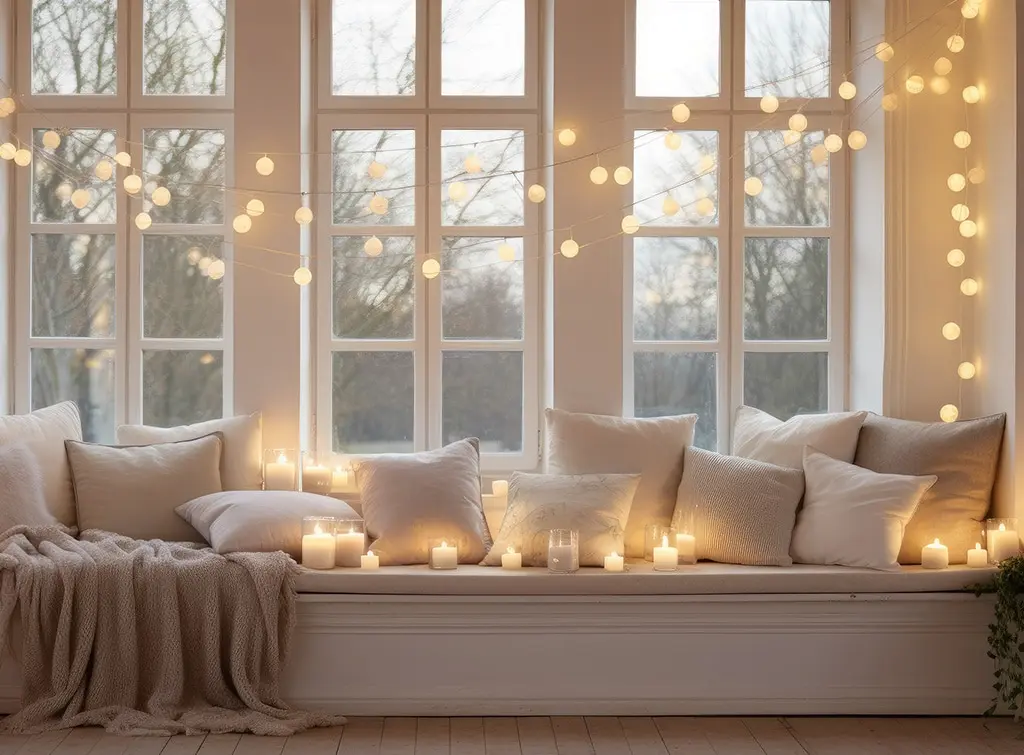 Neutral living room with string lights