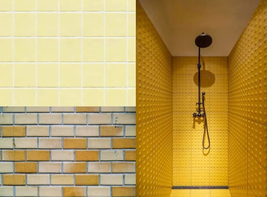 Yellow wet room tiles to make a statement - lego, subway, and square options