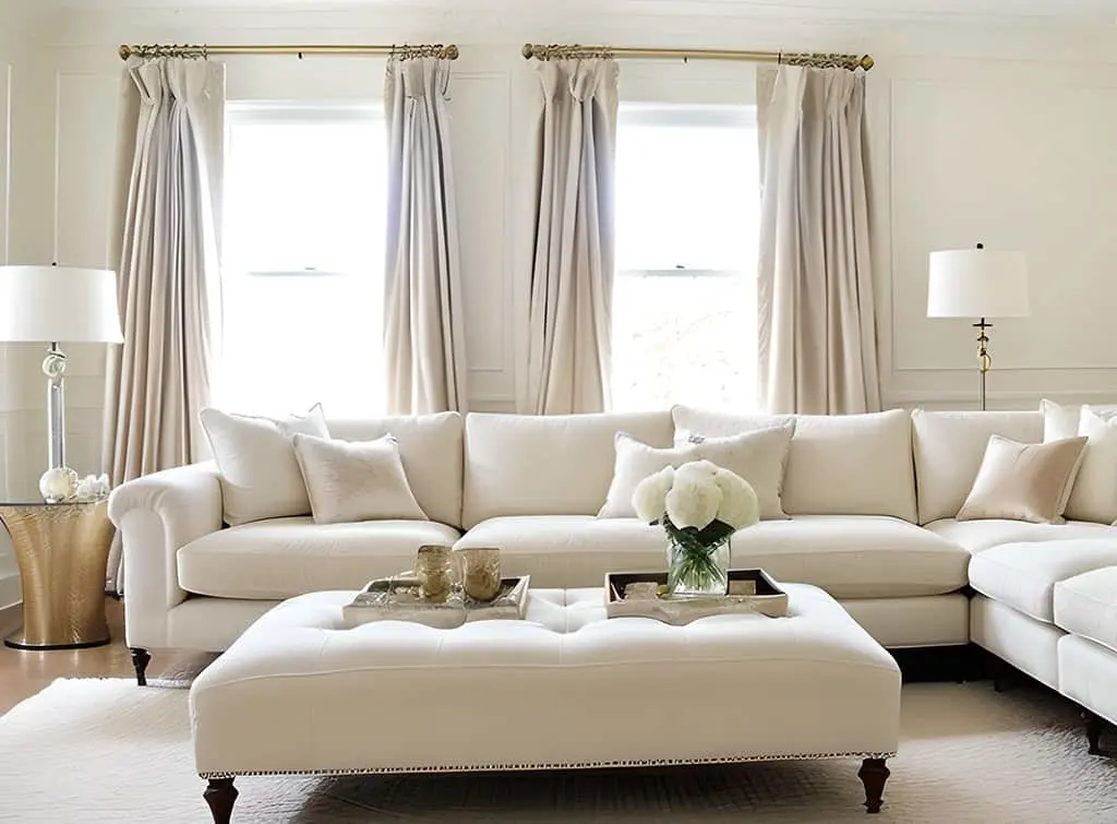 Floor and table lamps in a neutral, traditional living room