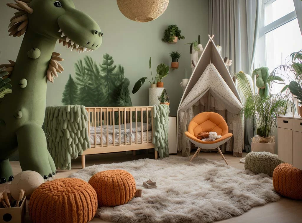 AI-generated dinosaur-themed bedroom