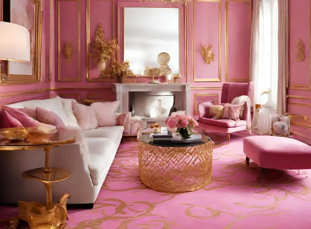 Pink and gold living room with Viennese vibes for Checkatrade blog: What colour carpet goes with pink walls?