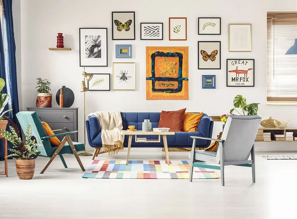 living room with colourful gallery wall