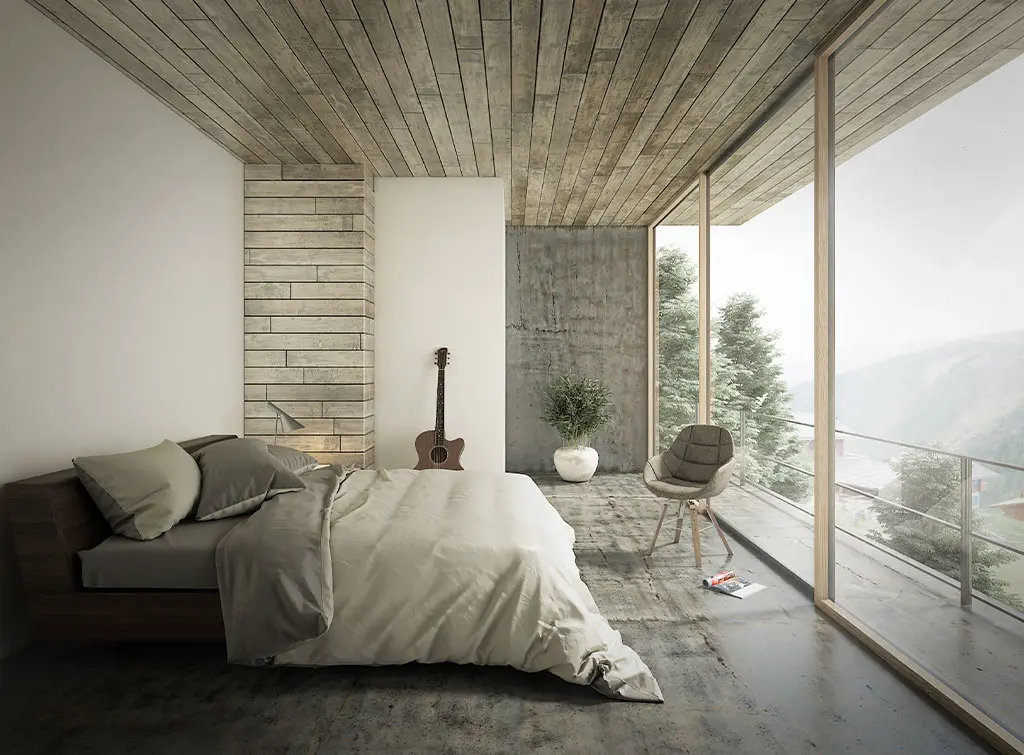 Light and bright biophilia inspired bedroom with natural interior