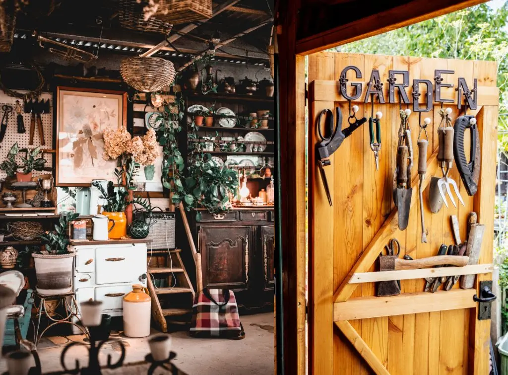 Hanging tools in wooden shed