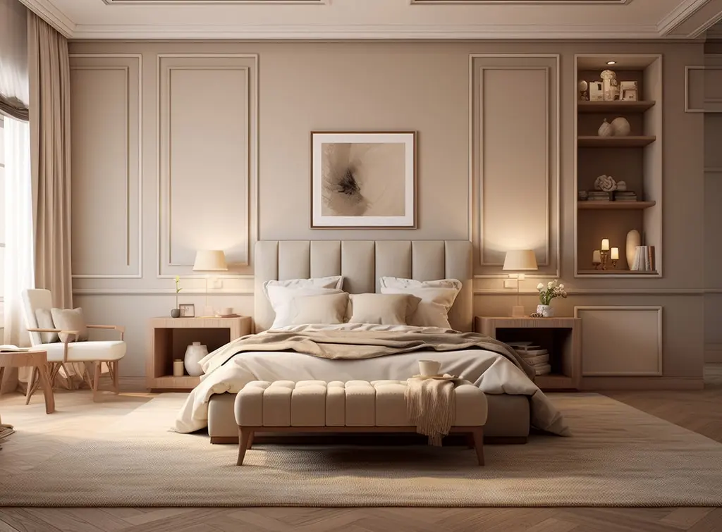 Neutral bedroom with ambient lighting