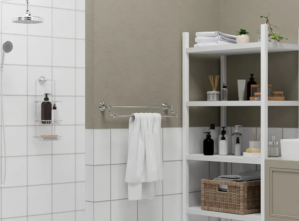 neutral bathroom design with grid tiles