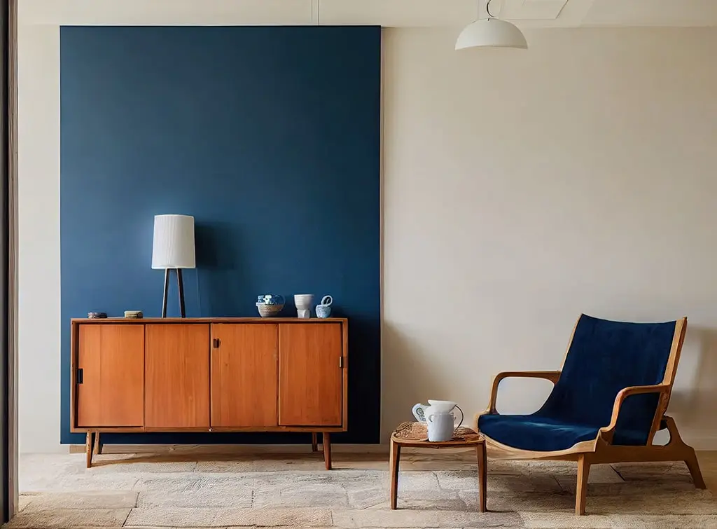 dark blue wall with wooden sideboard