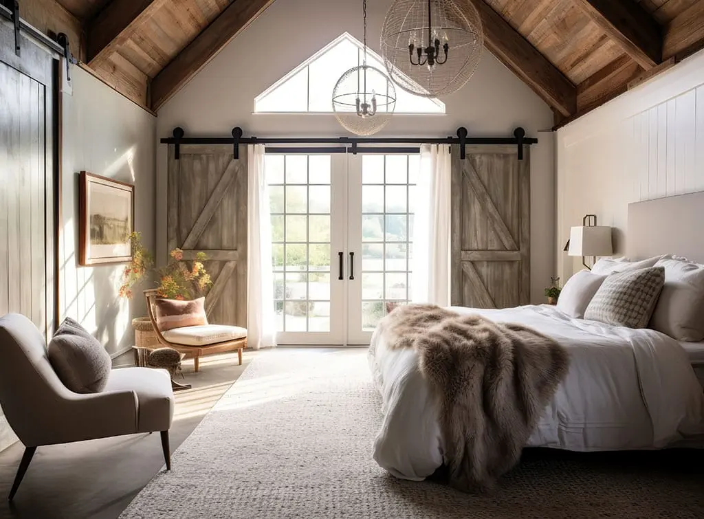 Neutral bedroom with a vaulted ceiling