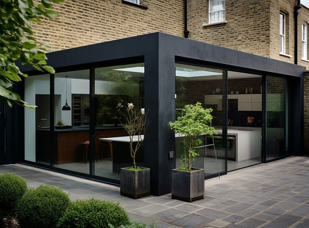 Contrasting yet sympathetic, a contemporary glass box extension creates a striking look against this period home