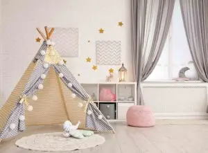 Organza playroom curtain ideas in muted decor
