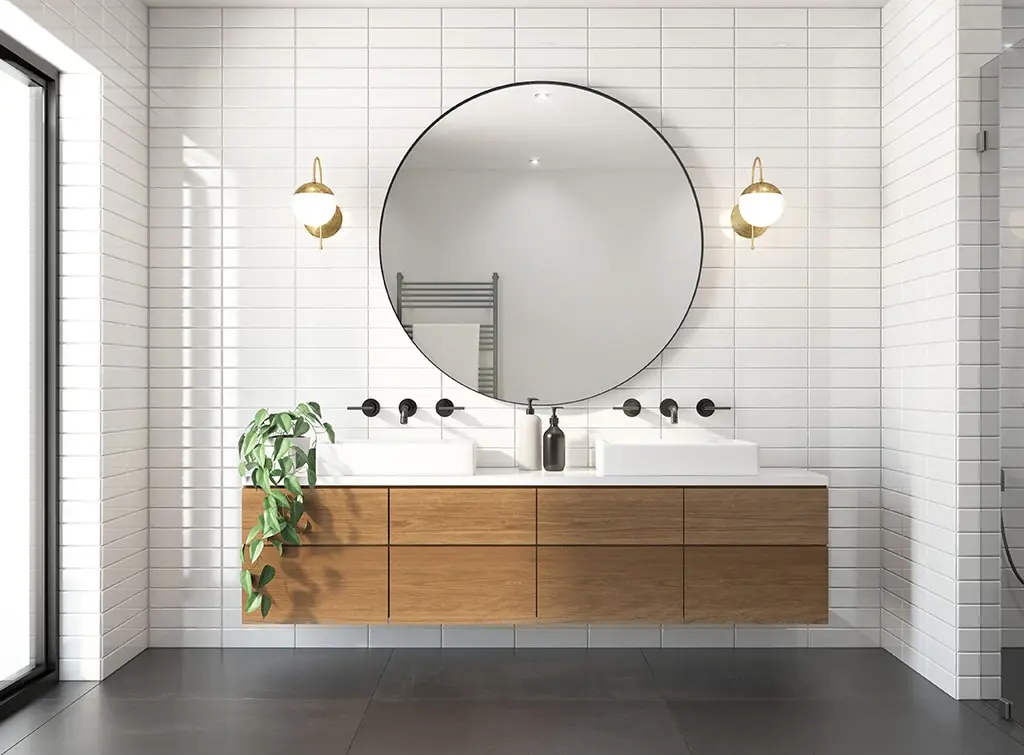 Stacked subway tiles in a bathroom AI generated