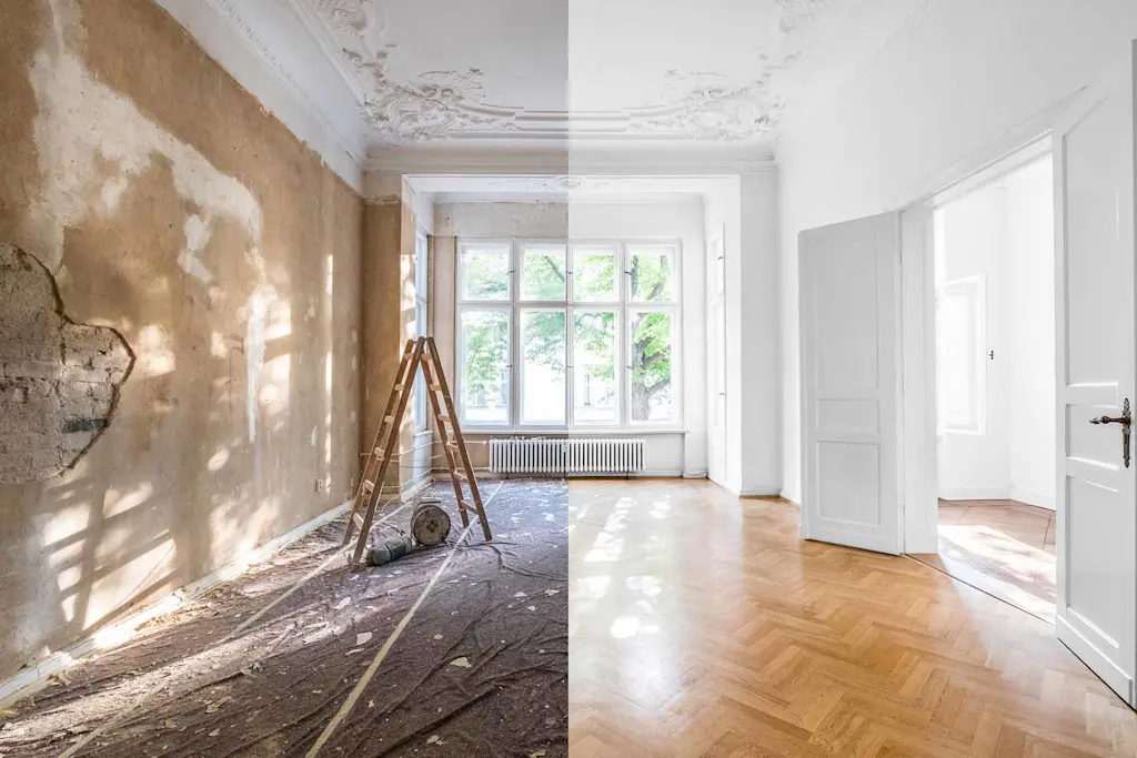 A before and after image of a renovated living room