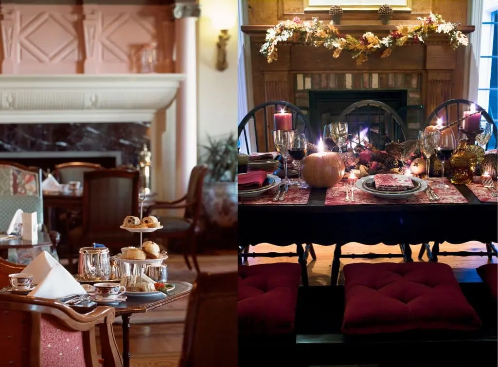 High tea dining with open fireplaces and floral decor - Regencycore aesthetics