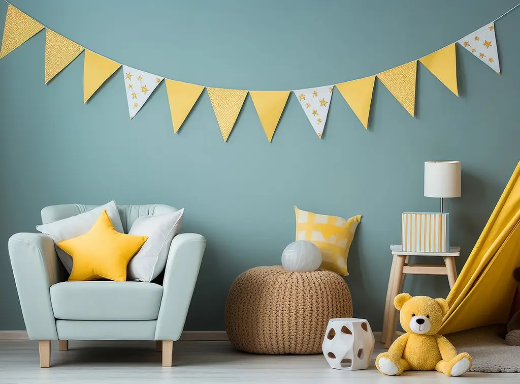Blue and yellow kids' room AI concept image