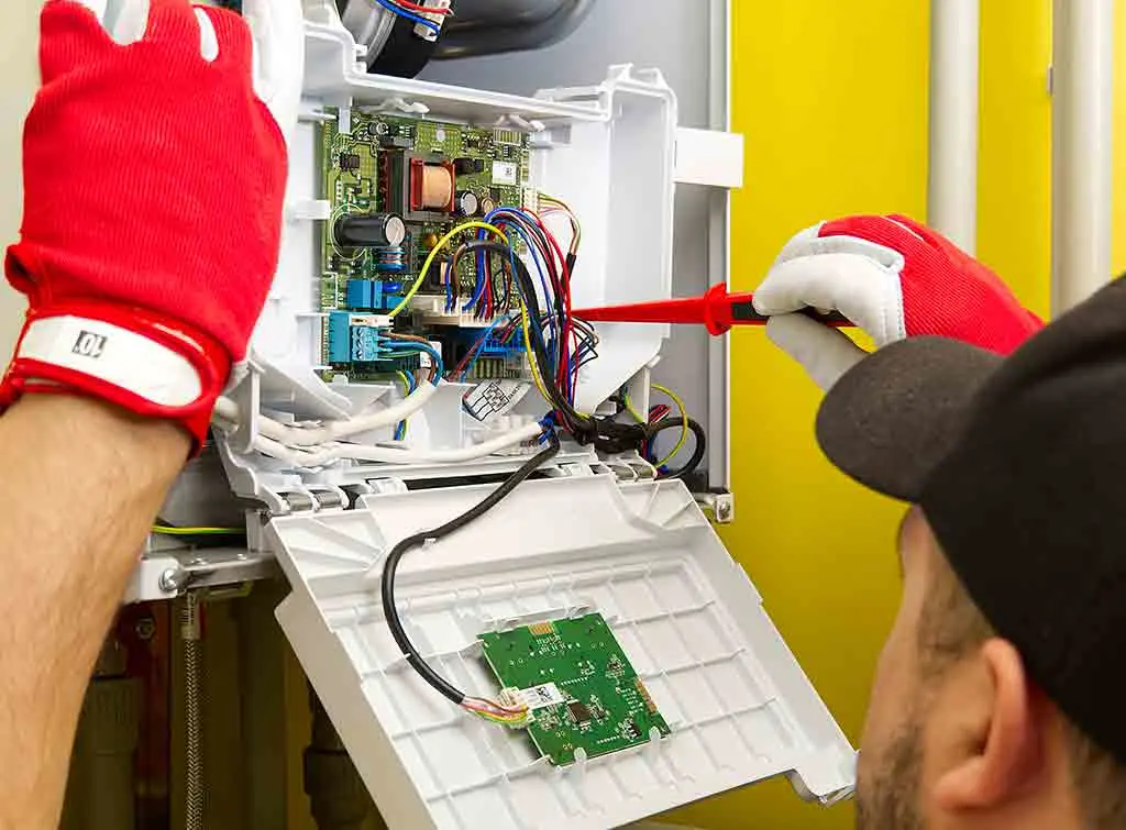 Engineer fixing a boiler after a power cut
