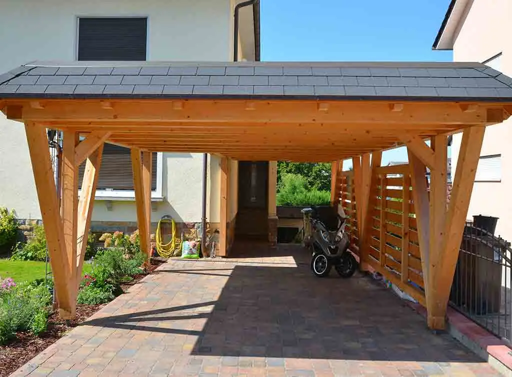 Timber roof car port at the front of a house