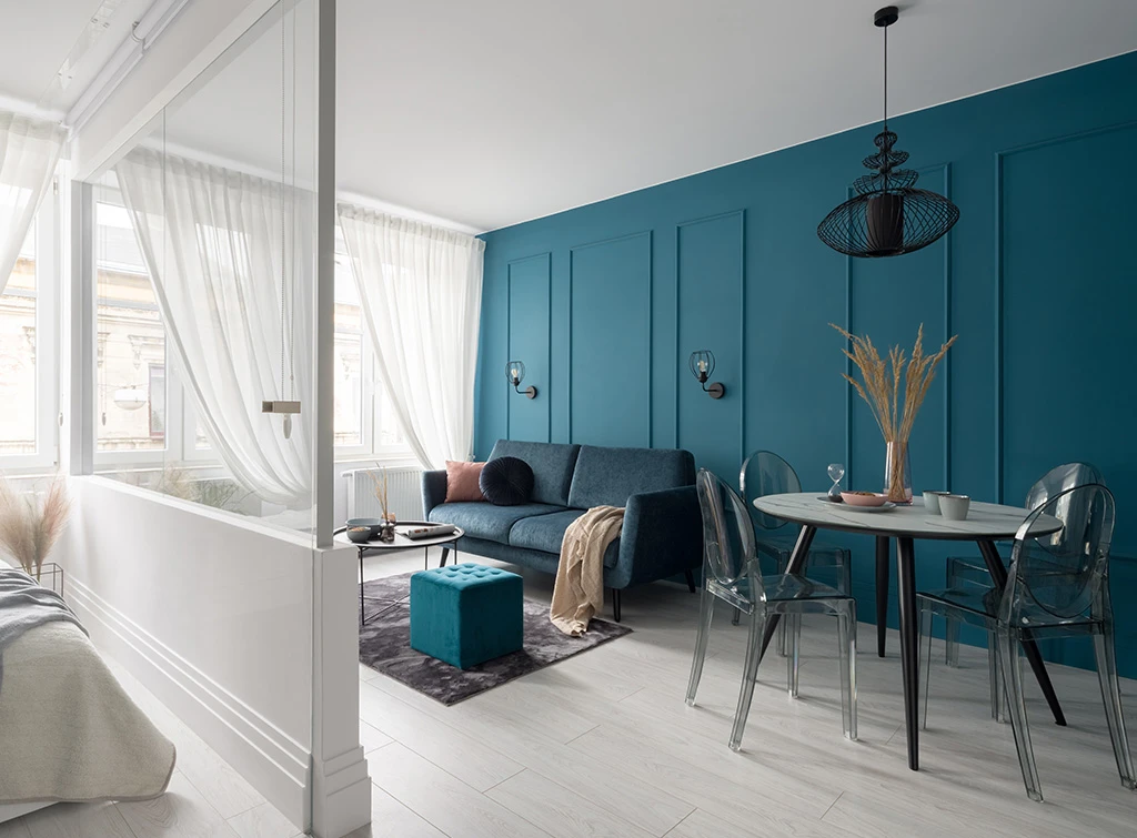 Teal and grey open plan living