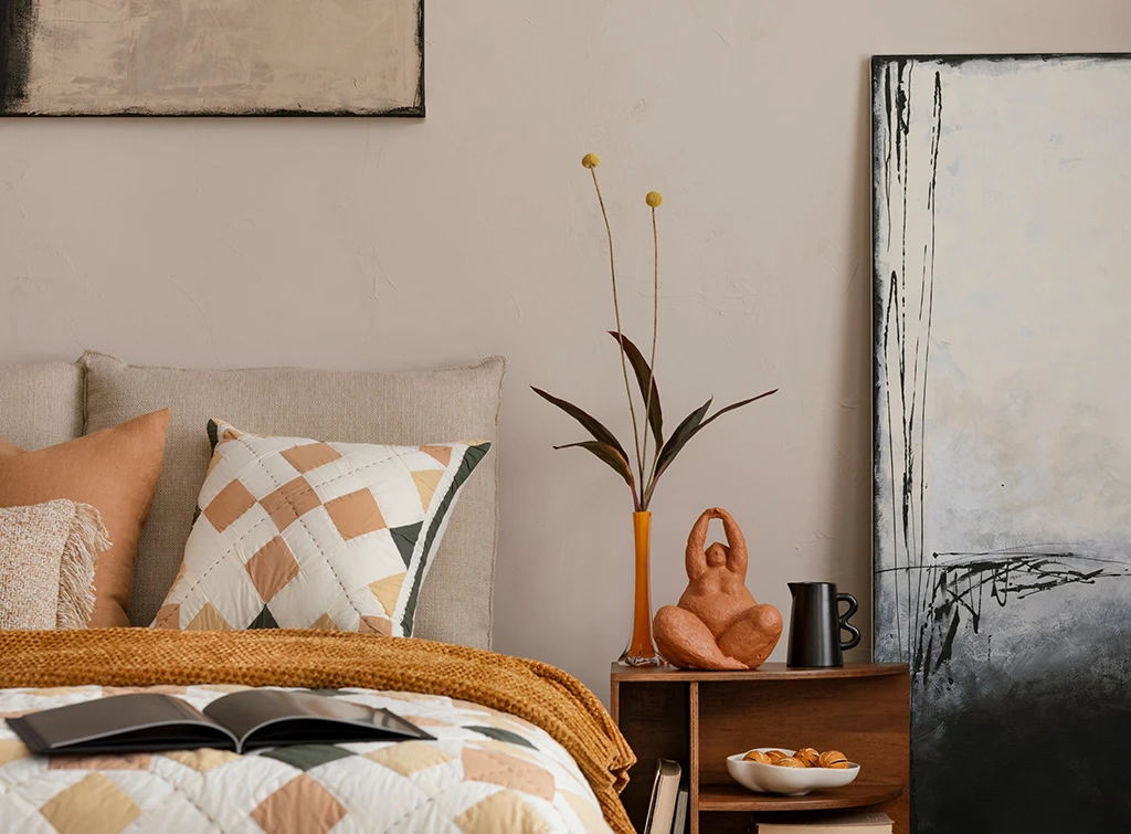 beige and orange bedroom