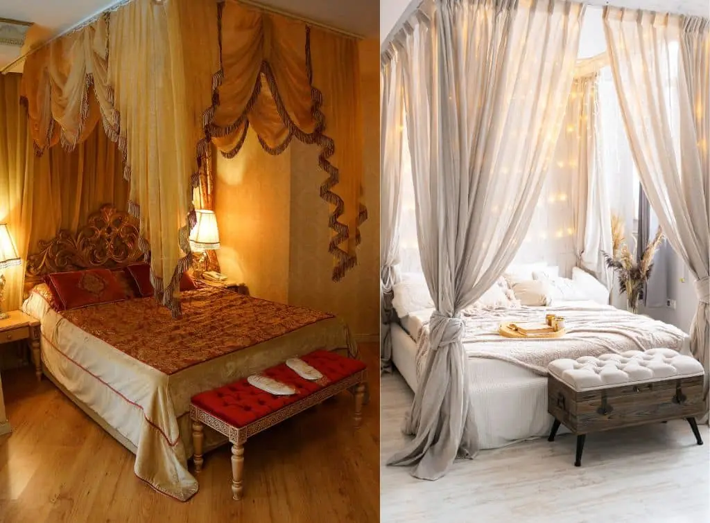 Two images of canopy beds - one Regency era styled with velvet and silk, and one whimsical Regencycore with voile and linen