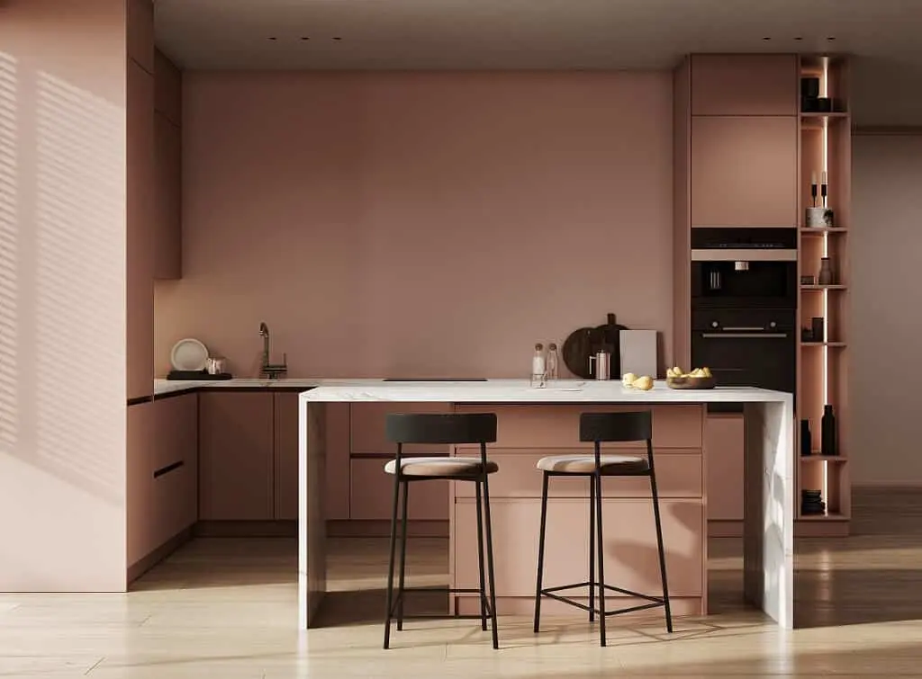 Modern kitchen painted in a matt mocha mousse colour