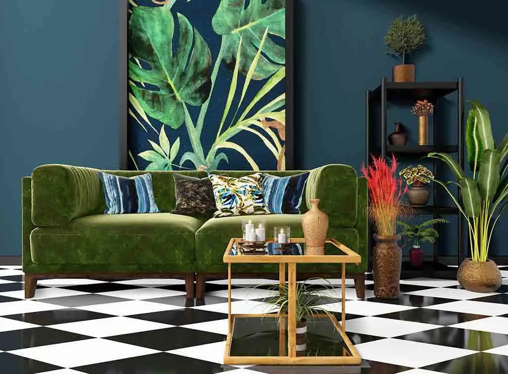 Cheap nature mural feature wall idea in a room with a chequered floor