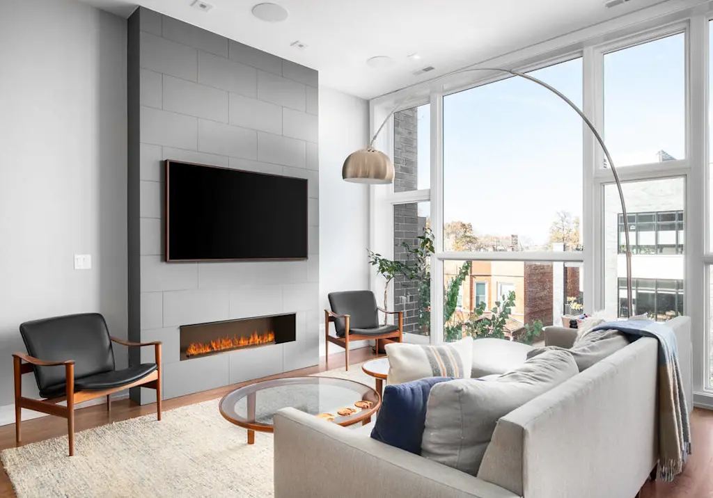 Electric fireplace on media wall resized