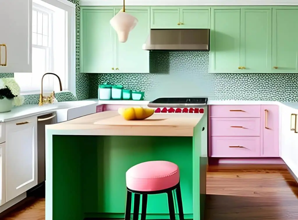 Rendered design of a pink and green kitchen