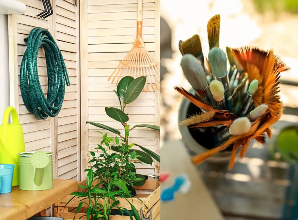 Two images side by side that shows art studio supplies for a she shed in a homeowner