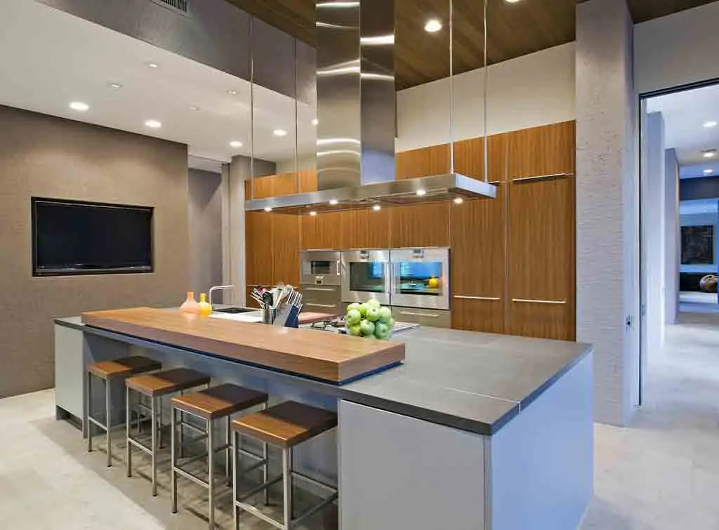 Industrial and rustic breakfast bar with hanging lights