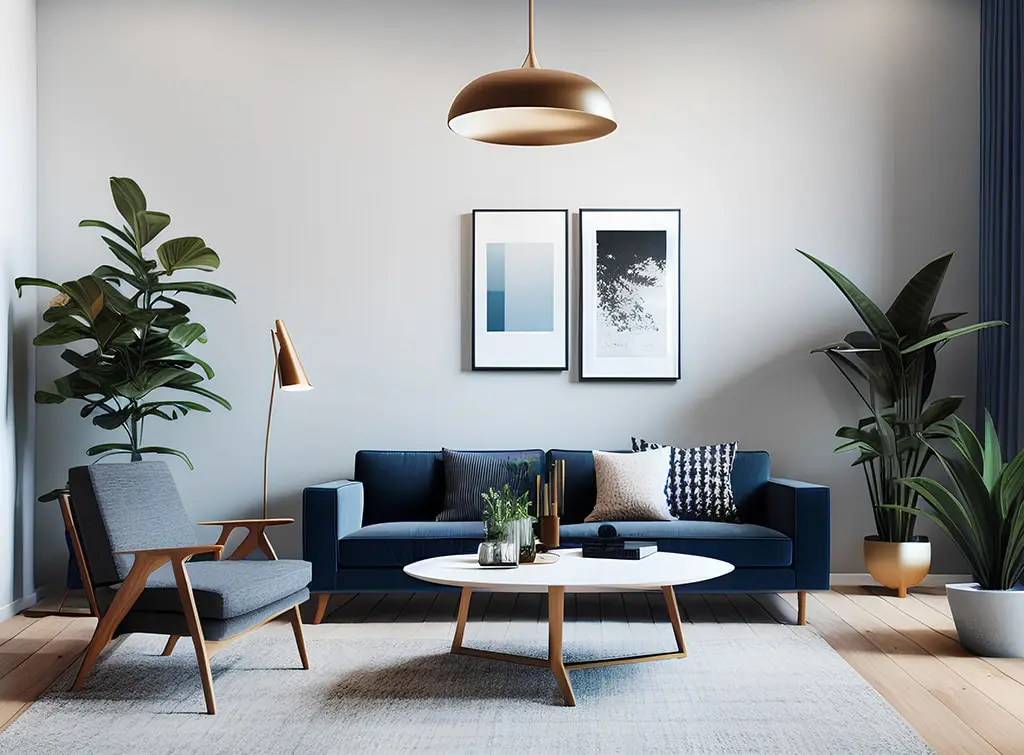 Neutral living room with mid-century furniture
