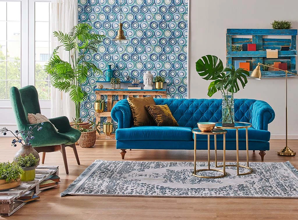 blue patterned wallpaper in living room