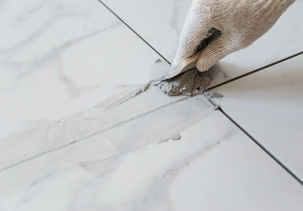 Grout application on tiled floor