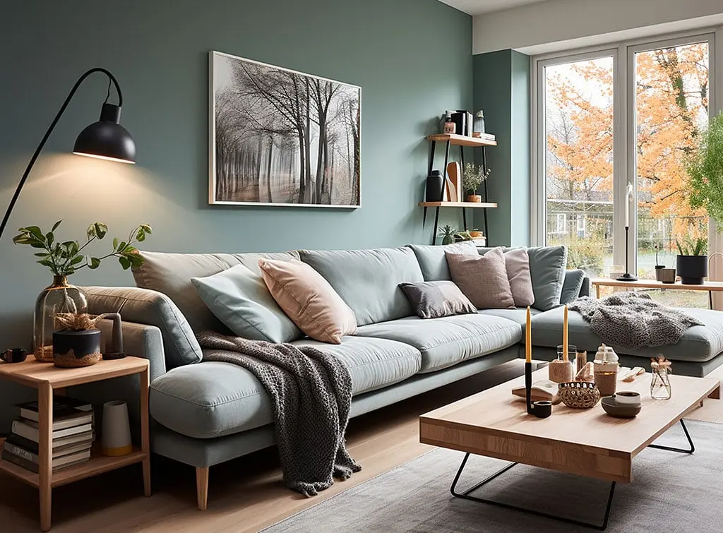 Open shelving in a narrow living room