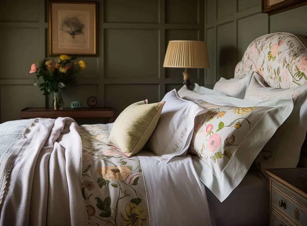 Panelling in vintage bedroom painted in sage colour