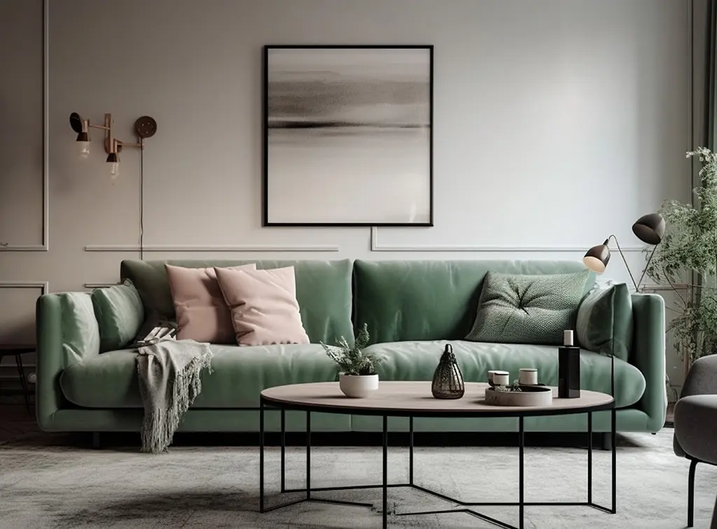 A neutral living room with green accents